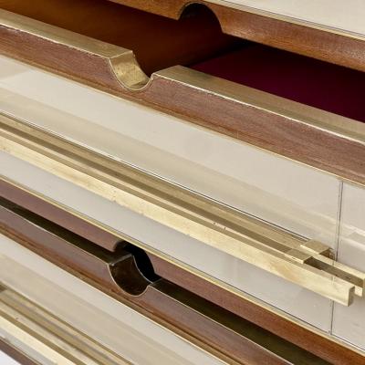 Mid Century Modern Pair of Wood Brass Beige Opaline Glass Night Stands