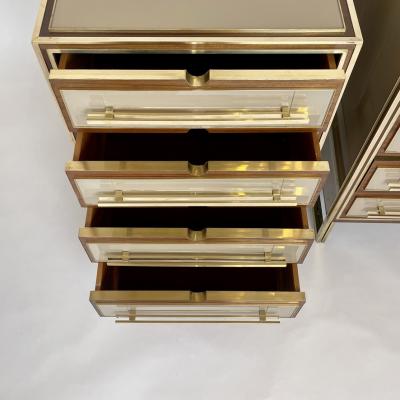 Mid Century Modern Pair of Wood Brass Beige Opaline Glass Night Stands