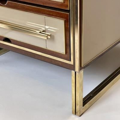 Mid Century Modern Pair of Wood Brass Beige Opaline Glass Night Stands