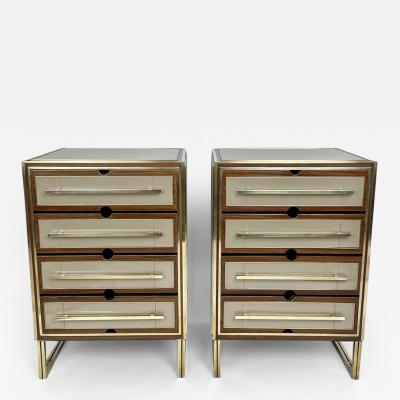 Mid Century Modern Pair of Wood Brass Beige Opaline Glass Night Stands