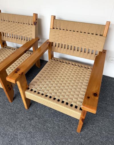 Mid Century Modern Pair of Wood and Rope Armchairs Italy 1970s