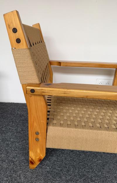 Mid Century Modern Pair of Wood and Rope Armchairs Italy 1970s