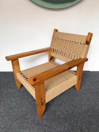 Mid Century Modern Pair of Wood and Rope Armchairs Italy 1970s