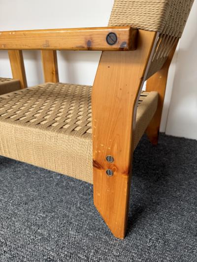 Mid Century Modern Pair of Wood and Rope Armchairs Italy 1970s