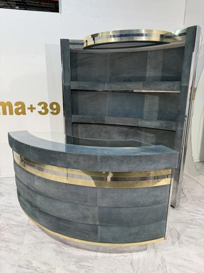 Mid Century Modern Paolo Buffa Style Bar Cabinet in Blue Suede Brass Chrome