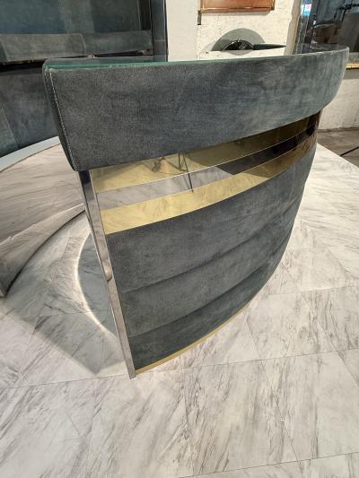 Mid Century Modern Paolo Buffa Style Bar Cabinet in Blue Suede Brass Chrome