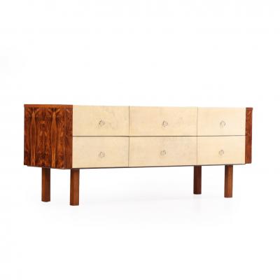Mid Century Modern Parchment and Rosewood Dresser Sideboard c 1950