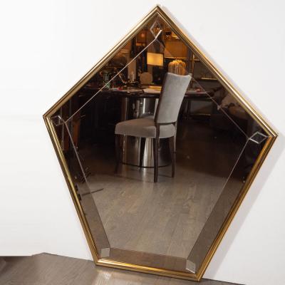 Mid Century Modern Pentagonal Brass Wrapped Mirror with Smoked Border