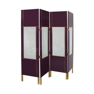 Mid Century Modern Purple Wood Gold Brass Italian Screen Divider