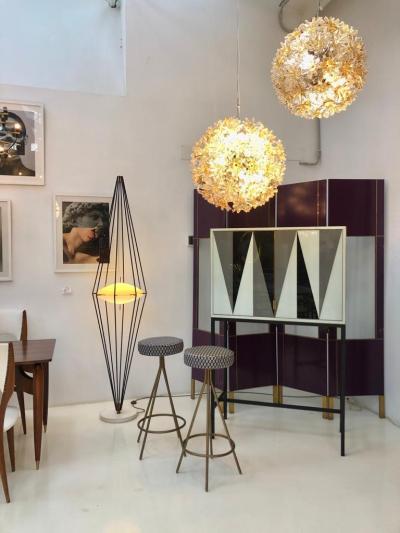 Mid Century Modern Purple Wood Gold Brass Italian Screen Divider