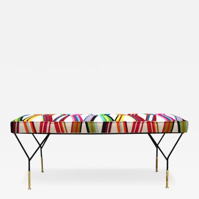 Mid Century Modern Rectangular Footstool with Geometric Multicoloured Fabric