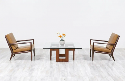 Mid Century Modern Sculpted Geometric Walnut Coffee Table with Glass Top