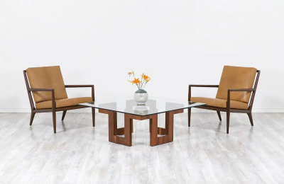 Mid Century Modern Sculpted Geometric Walnut Coffee Table with Glass Top