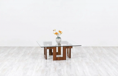 Mid Century Modern Sculpted Geometric Walnut Coffee Table with Glass Top