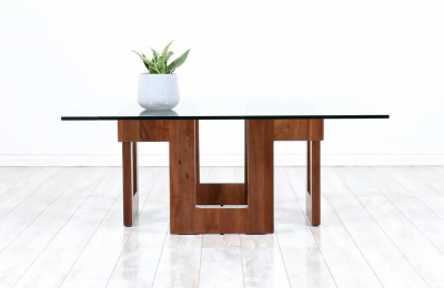 Mid Century Modern Sculpted Geometric Walnut Coffee Table with Glass Top