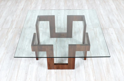 Mid Century Modern Sculpted Geometric Walnut Coffee Table with Glass Top