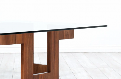 Mid Century Modern Sculpted Geometric Walnut Coffee Table with Glass Top
