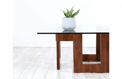 Mid Century Modern Sculpted Geometric Walnut Coffee Table with Glass Top