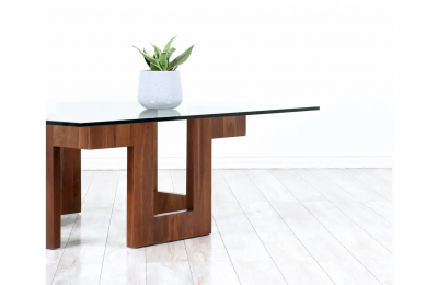 Mid Century Modern Sculpted Geometric Walnut Coffee Table with Glass Top