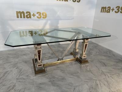 Mid Century Modern Sculpted Metal And Marble Dining Table with Glass Top 1970
