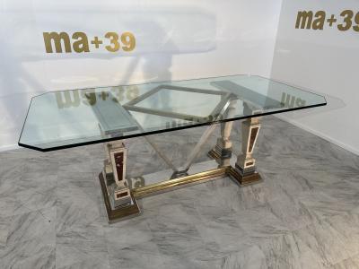 Mid Century Modern Sculpted Metal And Marble Dining Table with Glass Top 1970