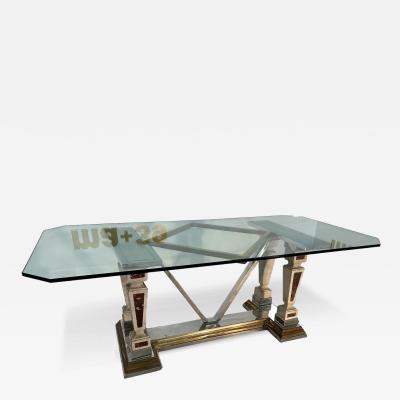 Mid Century Modern Sculpted Metal And Marble Dining Table with Glass Top 1970