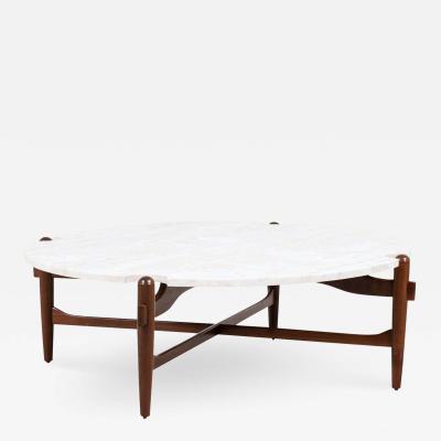 Mid Century Modern Sculpted Walnut Travertine Stone Coffee Table