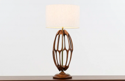 Mid Century Modern Sculpted Walnut with Brass Accent Table Lamp