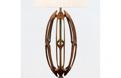 Mid Century Modern Sculpted Walnut with Brass Accent Table Lamp