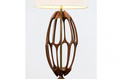Mid Century Modern Sculpted Walnut with Brass Accent Table Lamp