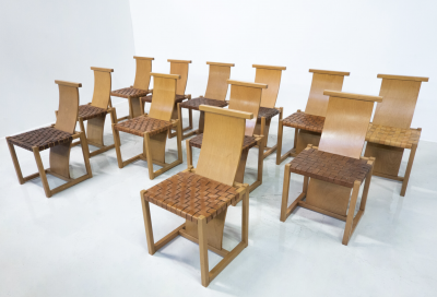 Mid Century Modern Set of 12 Wood and Leather Chairs Italy 1950s
