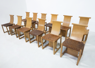 Mid Century Modern Set of 12 Wood and Leather Chairs Italy 1950s