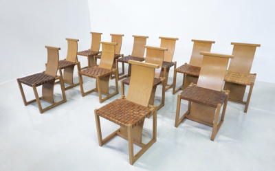 Mid Century Modern Set of 12 Wood and Leather Chairs Italy 1950s