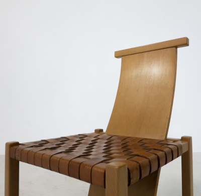 Mid Century Modern Set of 12 Wood and Leather Chairs Italy 1950s