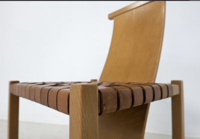 Mid Century Modern Set of 12 Wood and Leather Chairs Italy 1950s