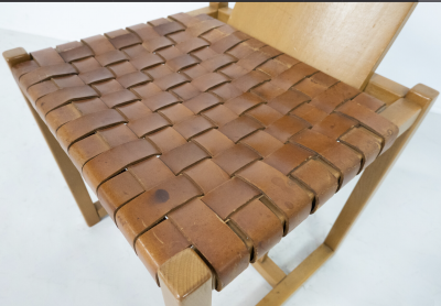 Mid Century Modern Set of 12 Wood and Leather Chairs Italy 1950s