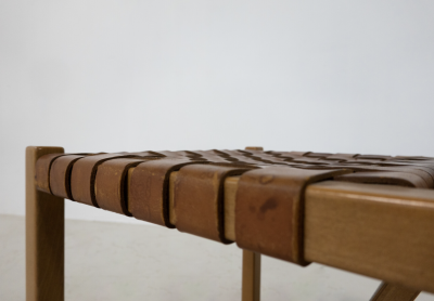 Mid Century Modern Set of 12 Wood and Leather Chairs Italy 1950s