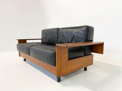 Mid Century Modern Sofa in Black Leather Wood