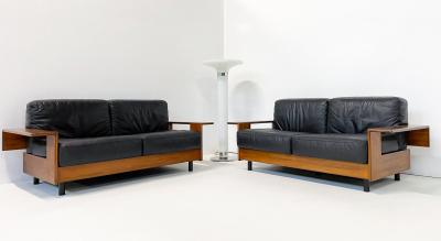 Mid Century Modern Sofa in Black Leather Wood