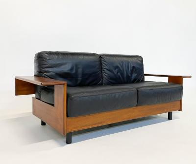 Mid Century Modern Sofa in Black Leather Wood