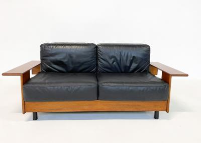 Mid Century Modern Sofa in Black Leather Wood