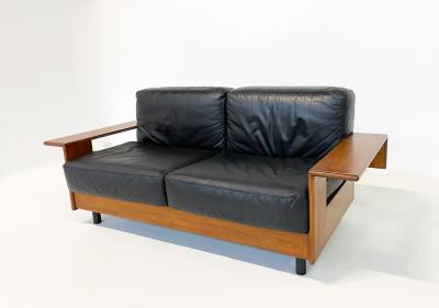 Mid Century Modern Sofa in Black Leather Wood