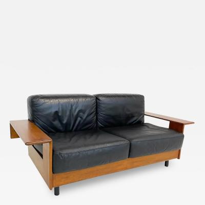 Mid Century Modern Sofa in Black Leather Wood