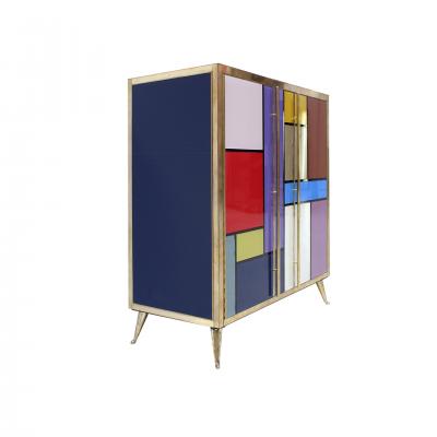 Mid Century Modern Solid Wood and Colored Glass Italian Pair of Sideboards