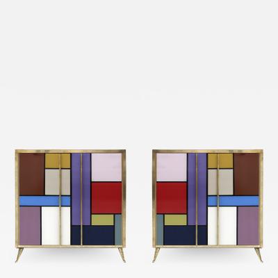 Mid Century Modern Solid Wood and Colored Glass Italian Pair of Sideboards