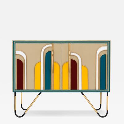Mid Century Modern Solid Wood and Colored Glass Italian Sideboar