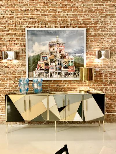 Mid Century Modern Solid Wood and Colored Glass Italian Sideboard