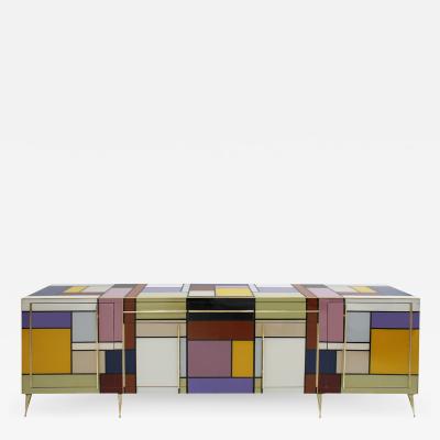 Mid Century Modern Solid Wood and Colored Glass Italian Sideboard