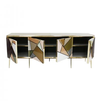 Mid Century Modern Solid Wood and Colored Glass Italian Sideboard