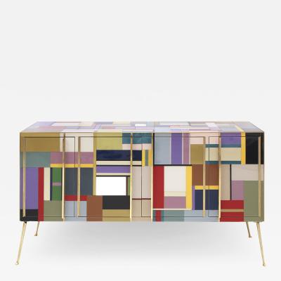 Mid Century Modern Solid Wood and Colored Glass Italian Sideboard